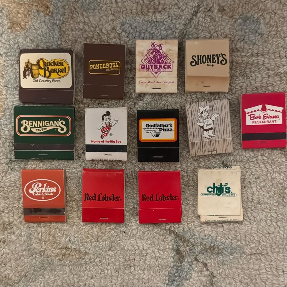 Vintage restaurant matchbooks: Cracker Barrel, Ponderosa, Red Lobster, Perkins